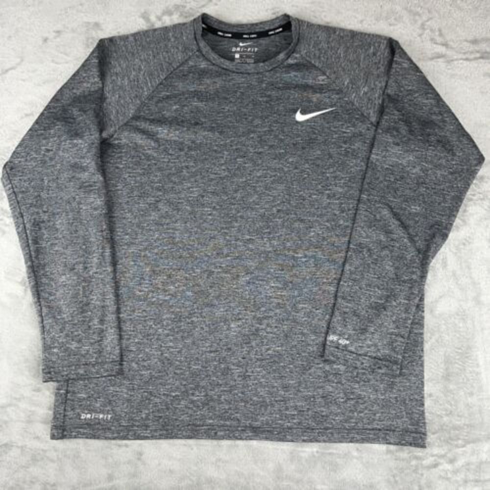 Nike Swim Dri-Fit Shirt Mens M Gray Black Long Sleeve Swoosh Crew Neck UPF 40